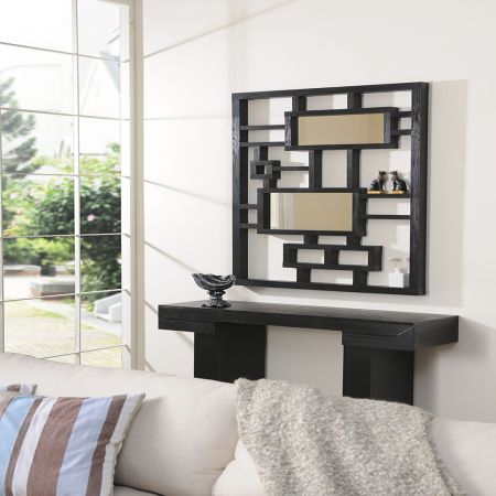Support d'affichage de miroir d'entrée en chêne noir carré - Cadre d'affichage de miroir élégant géométrique